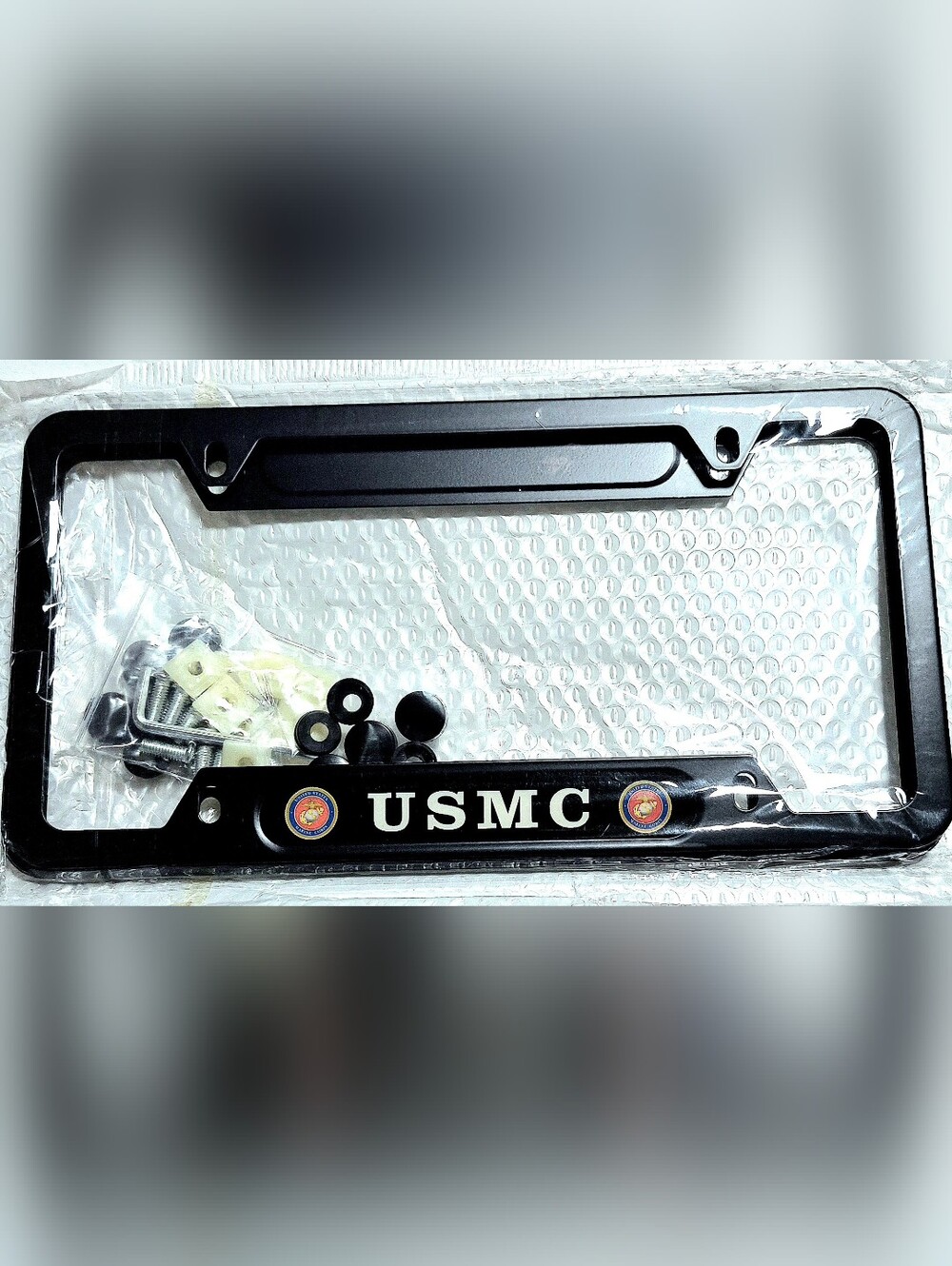USMC Black Metal License Plate Frame with Emblems